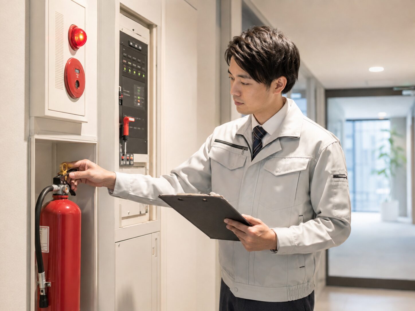 消防設備の法定点検を行うスタッフ