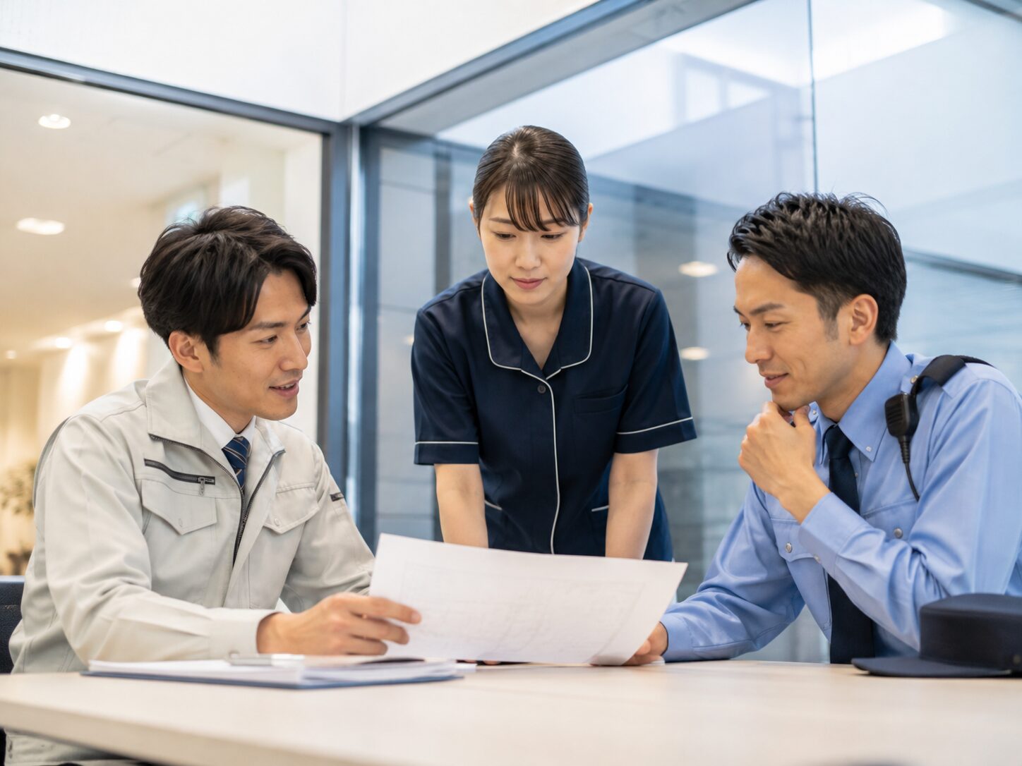 設備管理について情報共有を行うスタッフ