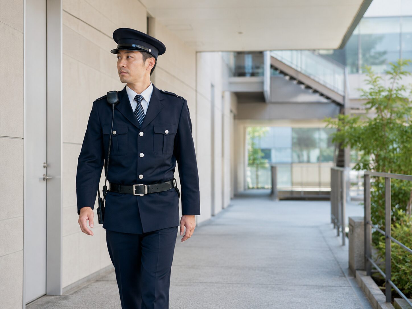 施設内外を巡回して安全を確認する警備スタッフ