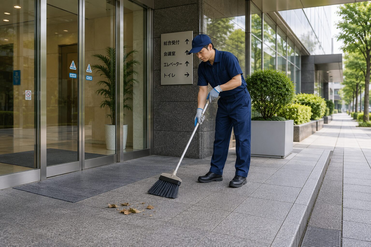 施設の入口と外周を清掃するスタッフ